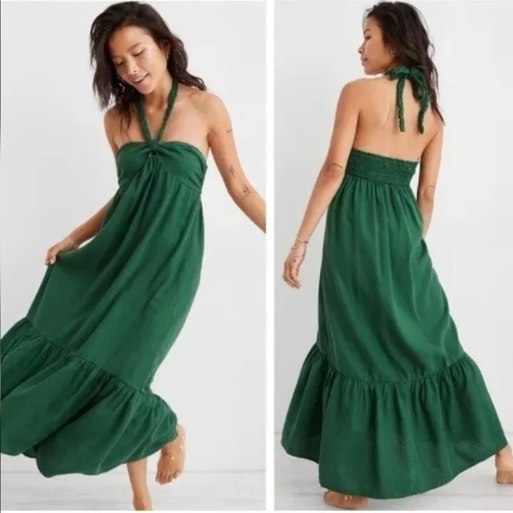 Aerie Braided Halter Neck Open Back Maxi Dress Linen Blend Green Medium